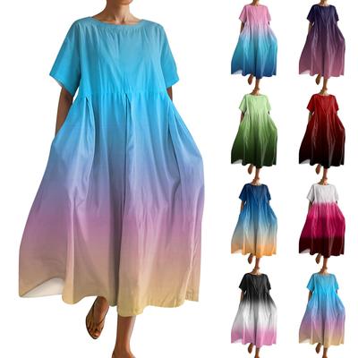 Women's Fashionable Gradient Print  Round Neck Short Sleeved Loose Hem Pocket Dress