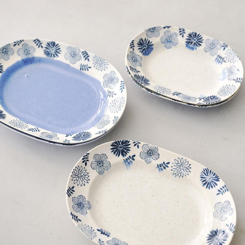 Aito Seisakusho Oval 21 X 15 Floral Mino Dishwasher Made In Japan "Garden" Plate, Medium, Approx. Cm, Pattern, White, Ware, Safe,