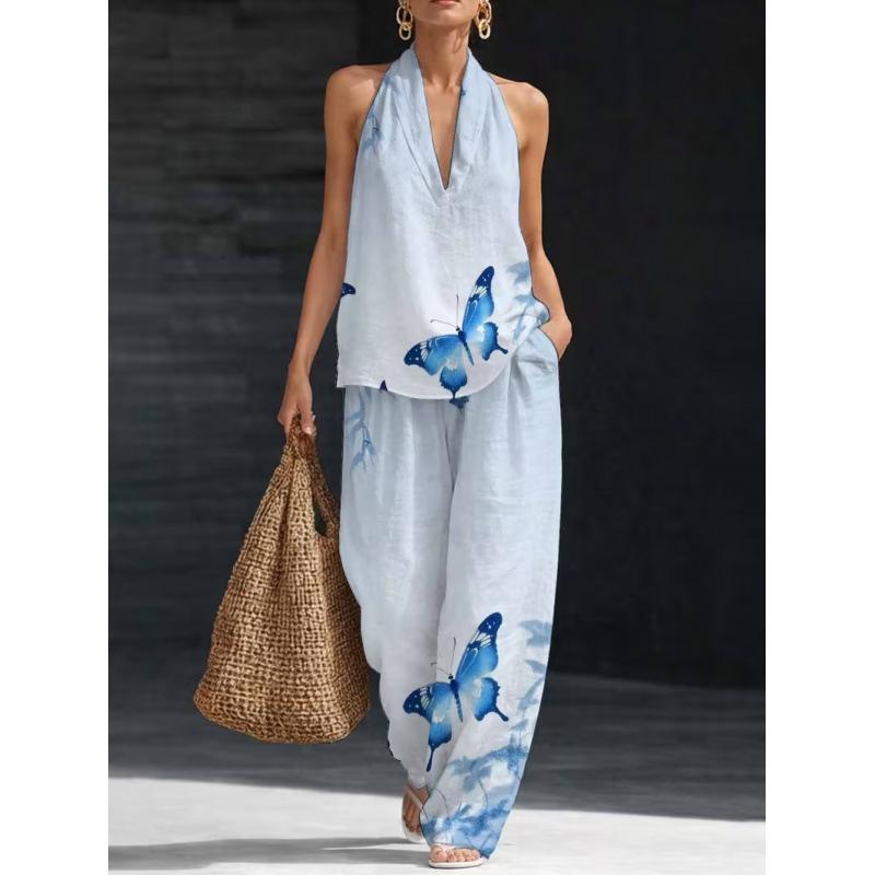 1116 Summer Cool Neck Suit Women's Temperament V-Neck Off-Shoulder Top + High Waist Wide Leg Pants Two-piece Set