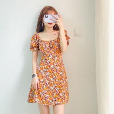 Floral dress women's summer dress new waist thin square neck bubble sleeve Platycodon French small short skirt