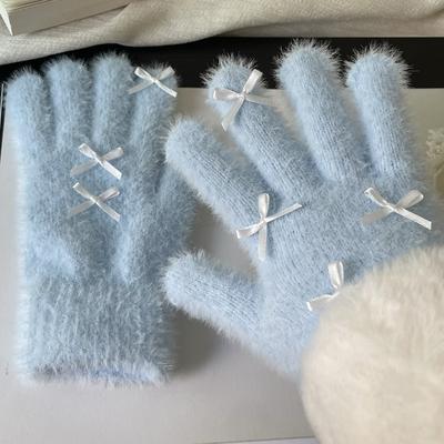 1 pereche de mănuși de iarnă cu fundă caldă pentru femei, fete, mănuși drăguțe de culoare solidă, mănuși rezistente la frig, mănuși de călărie rezistente la vânt, cadouri