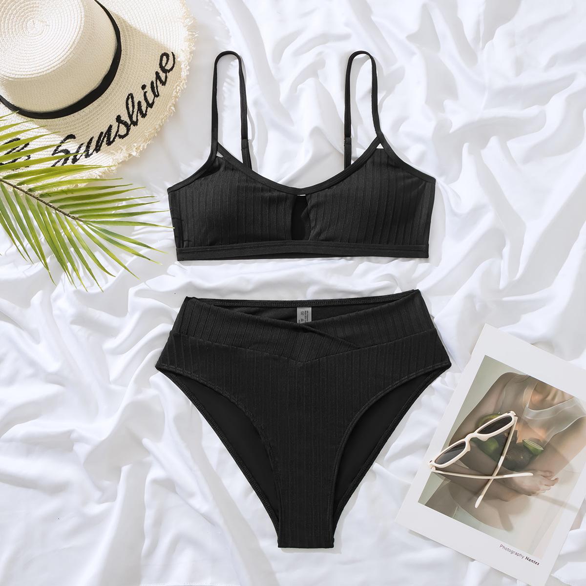 

Сексуальный женский купальник черный в рубчик с вырезом и высокой талией, комплект бикини, пляжная одежда, купальные костюмы L чёрный