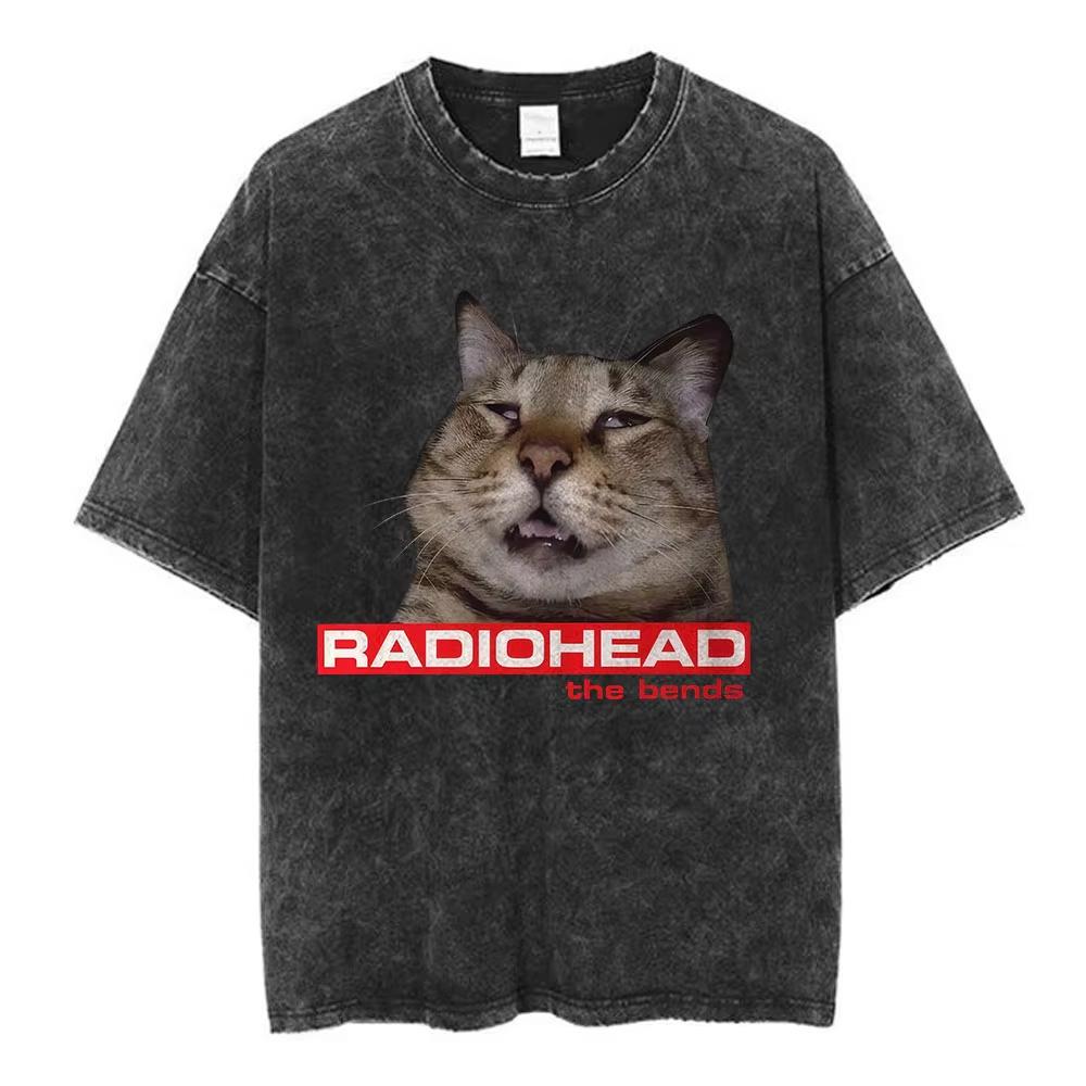 Rock Band Radiohead The Bend Funny Cat Vintage Washed Tshirts Men Women Fashion Hip Hop T Shirts Cotton Male Tshirt Streetwear
