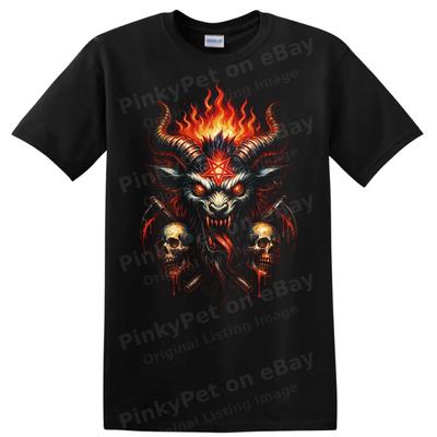 Demonic Skull T Shirt W/ Flaming Horned Beast Occult Gothic Horror Artwork Tee