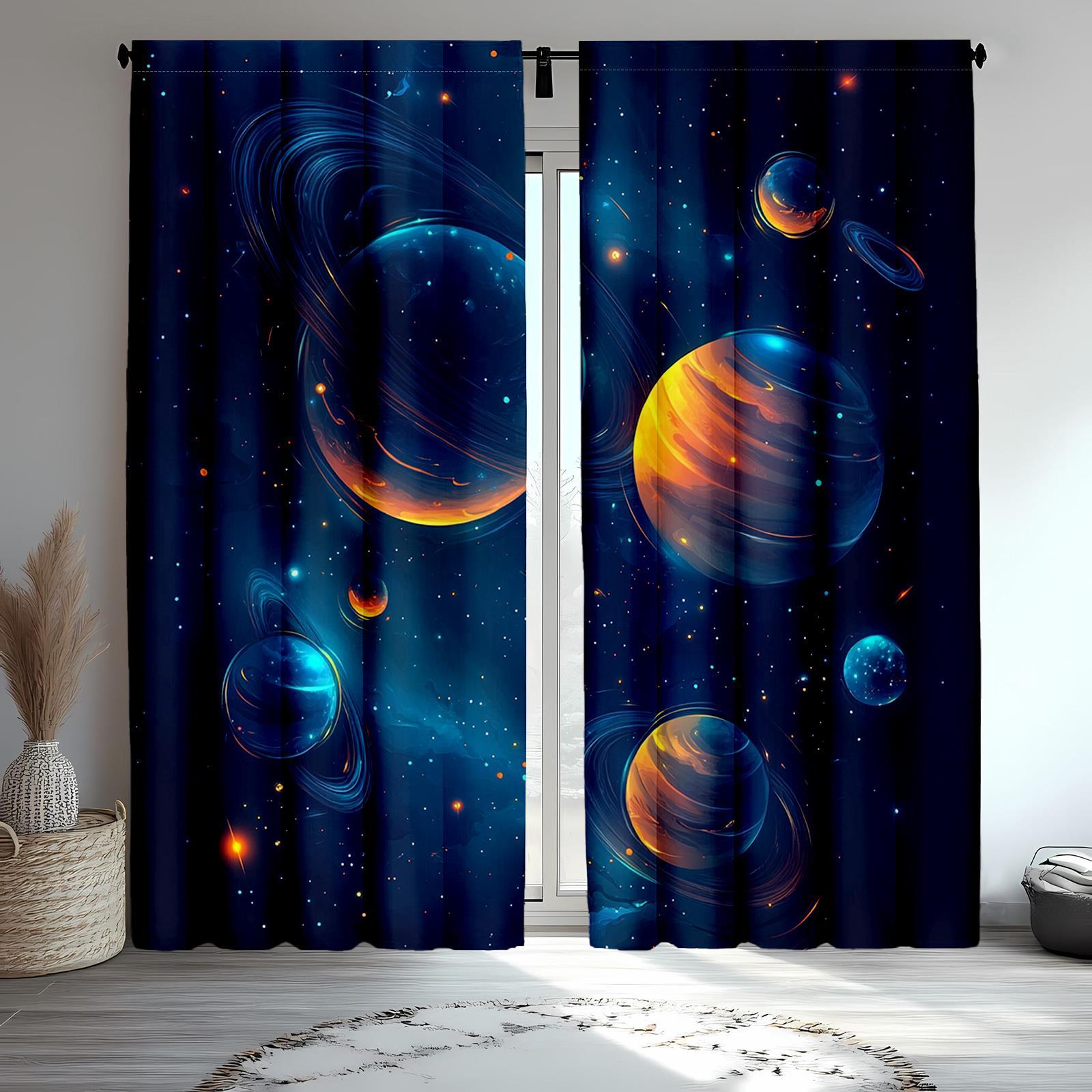 

Set Of 2 Galaxy Curtains Black Blue Space Theme Room Bedroom Curtain Polyester Perfect For Master W100*H70(CM)-Grommet top&1PCS