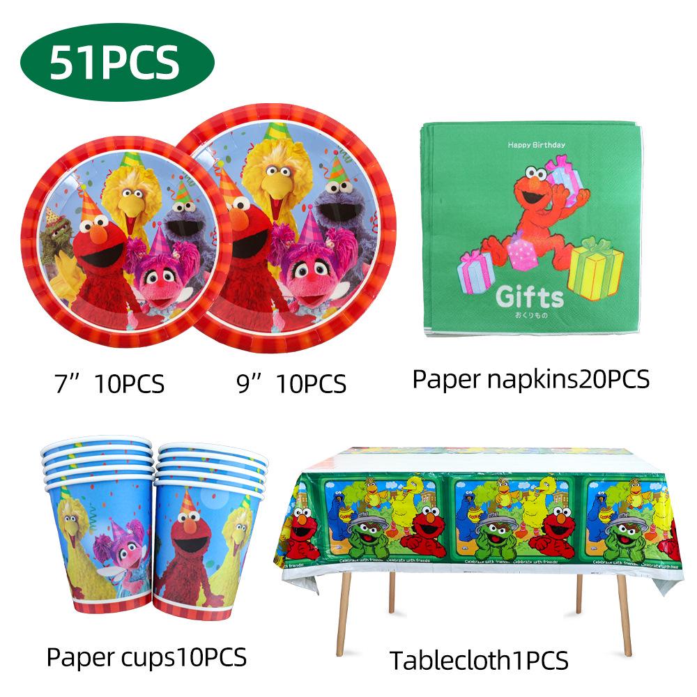 Sesame Street Birthday Party Tableware Set: Disposable Plates, Cups, and Cute Balloons for Kids' Celebrations.