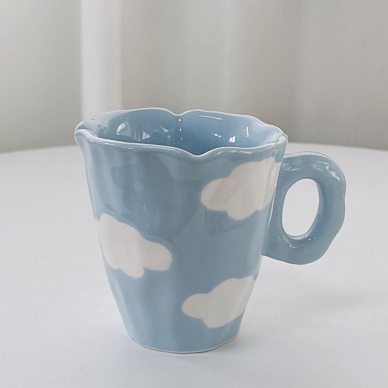 320ML Blue Cloud Hand Pinch Mug, Underglaze Color Ceramic Milk Coffee Cup, Office Drinking Ceramic Couple Breakfast Student Gift 201-300ml