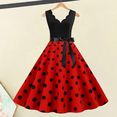 Women Midi Edge V Neck High Waist Lace Up Tight Dress Flower Bow Decor Sleeveless A-line Loose Hem Dot Print Retro 50s