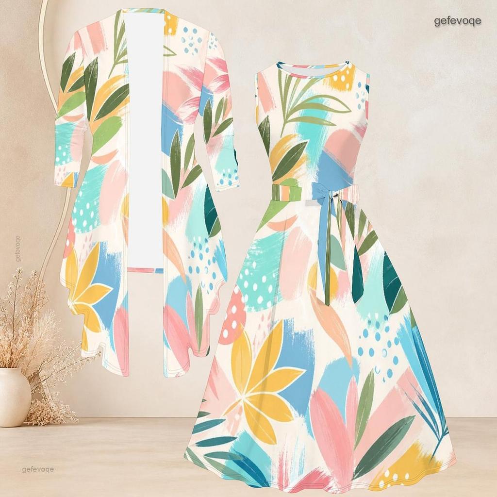 Women Plus Size Two Piece Set Round Neck Sleeveless Tie Waist Flared Dress 3 4 Sleeve Printed Cardigan