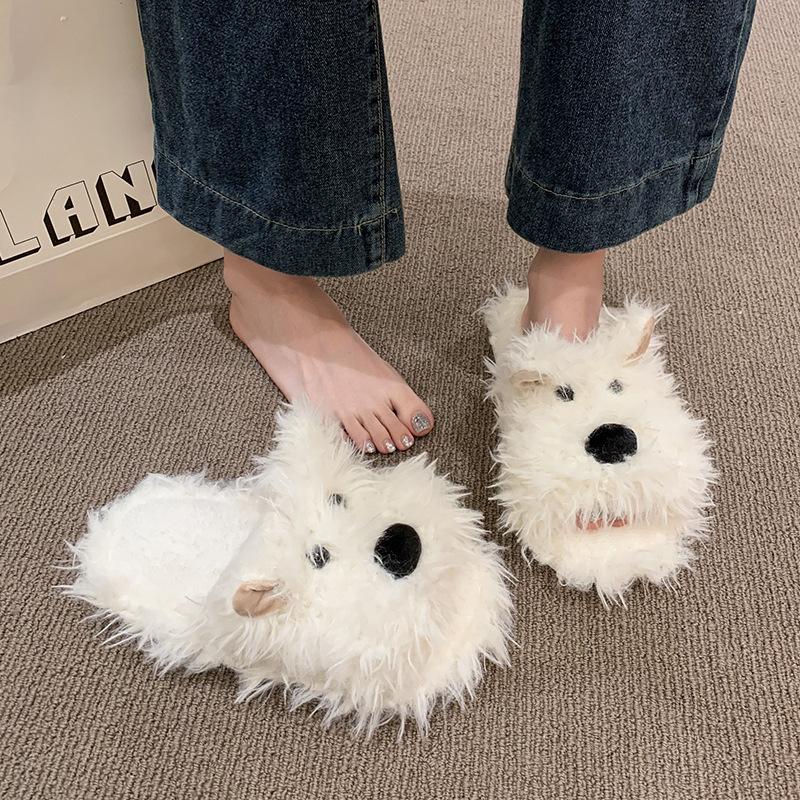 Cute Versatile Puppy Cotton Slippers Female 2025 Winter Indoor Non-slip Warm Half Pack Soft-soled Fluffy Shoes Fluffy