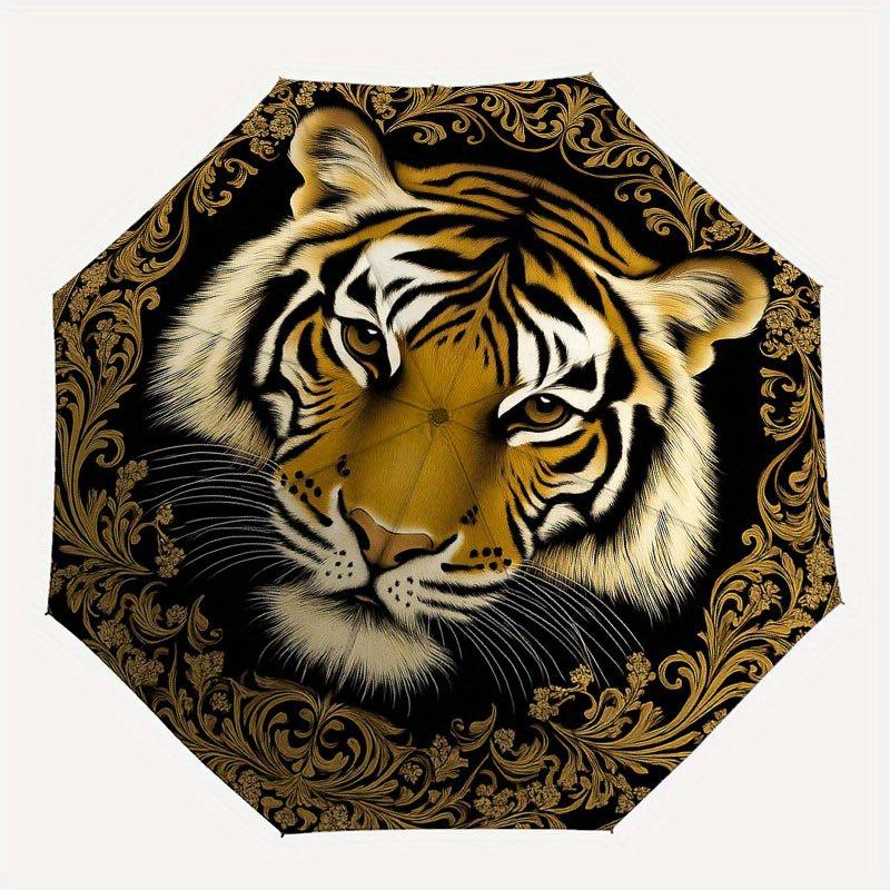 Golden Tiger Portrait Decorative Plate Umbrella, Cute Umbrella with Cute Design, Portable 3-Fold Compact Umbrella for Men & Women, Valentine's Day Mot