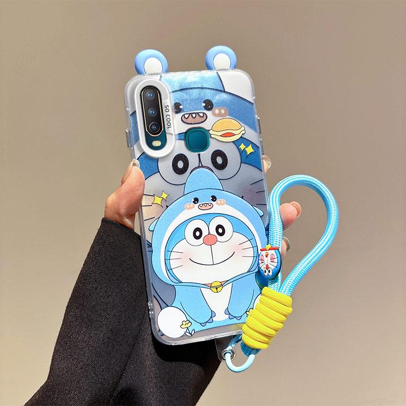 KEYSION Cute Ear Cartoon Case for VIVO Y17 Y15 Y12 with Lanyard Soft Silicone+PC Shockproof Phone Back Cover for VIVO Y11 2019