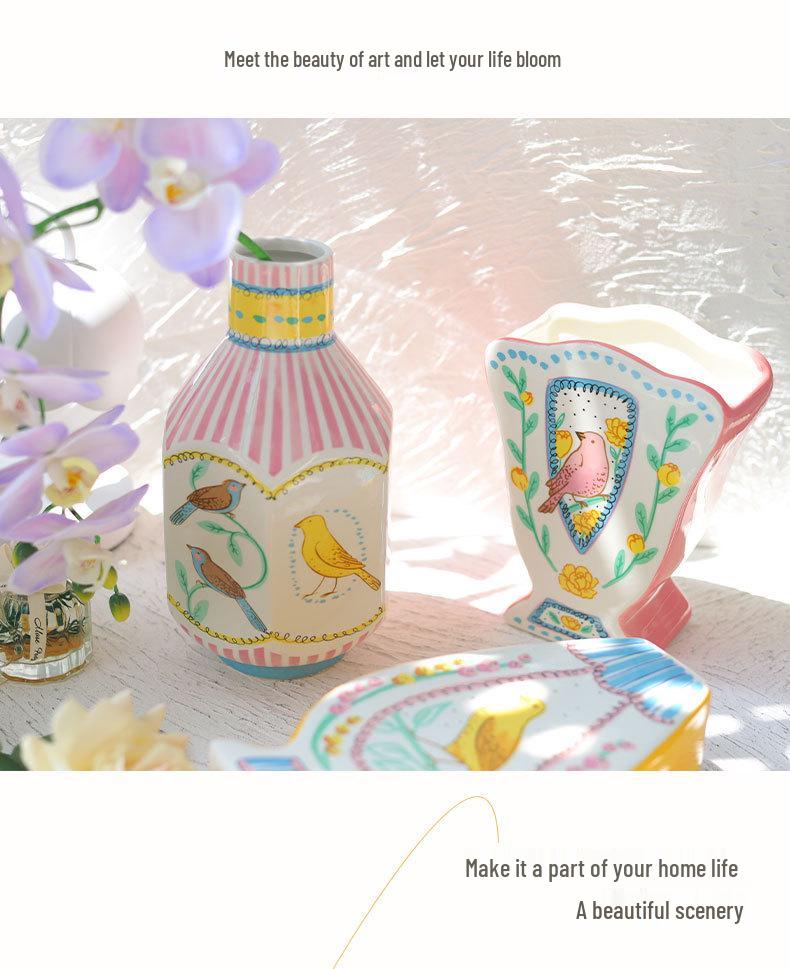 Nightingale and Rose Ceramic Vase: High-End Pastoral Flowers & Birds Ornament for Living Room