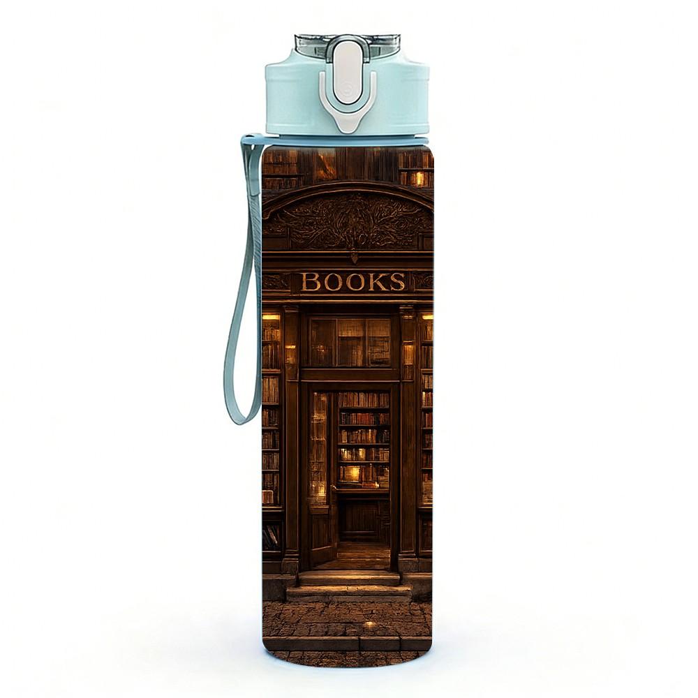 1PC Old Dark Library Bookshelf Print 750ml Color Plastic Sports Water Bottle Leakproof Flip Straw Lid Suitable for Sports Office Home Use