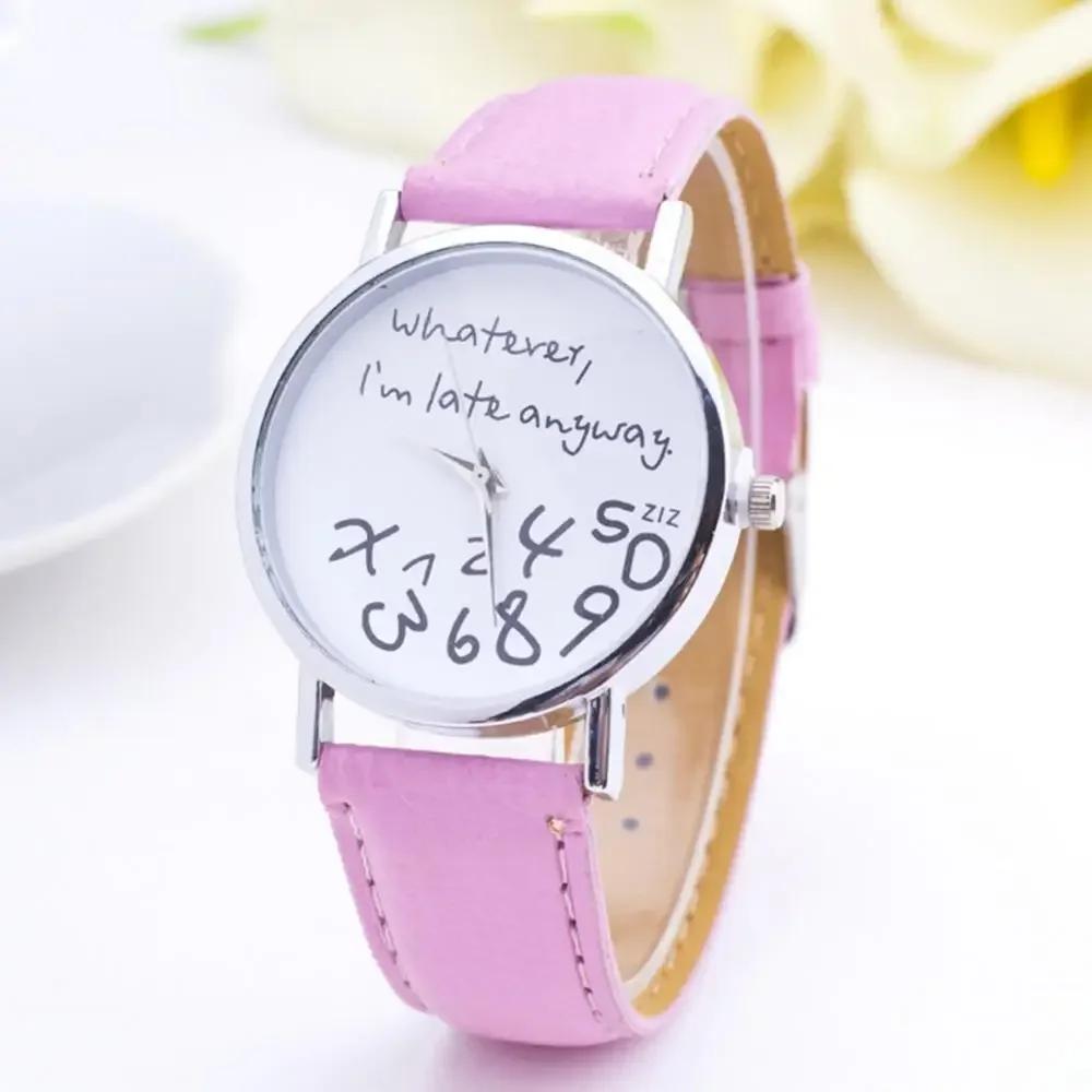 Women Whatever Im Late Anyway Letter Round Dial Faux Leather Strap Quartz Watch Fashion Letters Numbers Adjustable Women's Watch