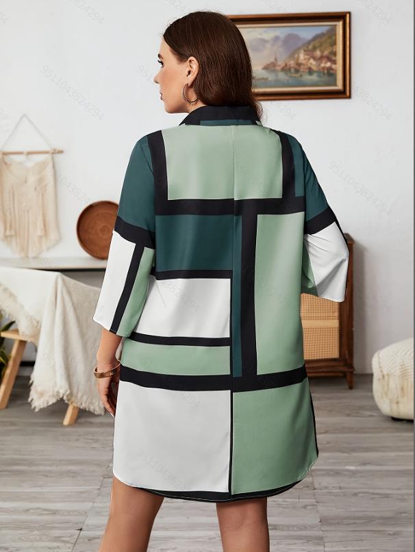 Plus Size Women's Printed V-Neck Long Sleeve Casual Dress - 2026 Spring/Summer