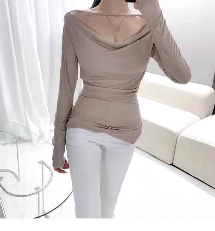 Korean Dongdaemun 2024 Women's Sexy One-Shoulder Slit Slim T-Shirt, Long-Sleeved & Feminine