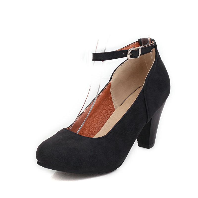 Women High Pumps Ankle Strap Retro Female Thick High Heels Womens Shoes Suede Ladies Black Office Shoes 33-46