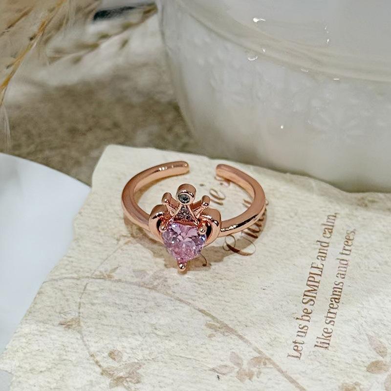 Dark Sweet Cool Pink Zircon Love Open Ring Punk Stacked Wear Personality Niche High Sense Girlfriend Ring Girl