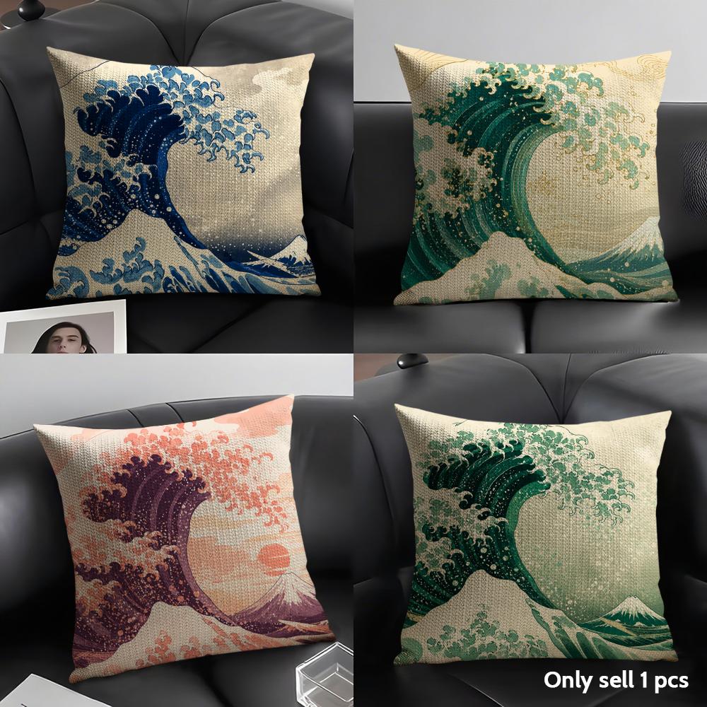 The Great Wave off Kanagawa Cushion Cover Breathable Linen Organic Fabric DoubleSided Printing Sofa Pillow Case Home Decor