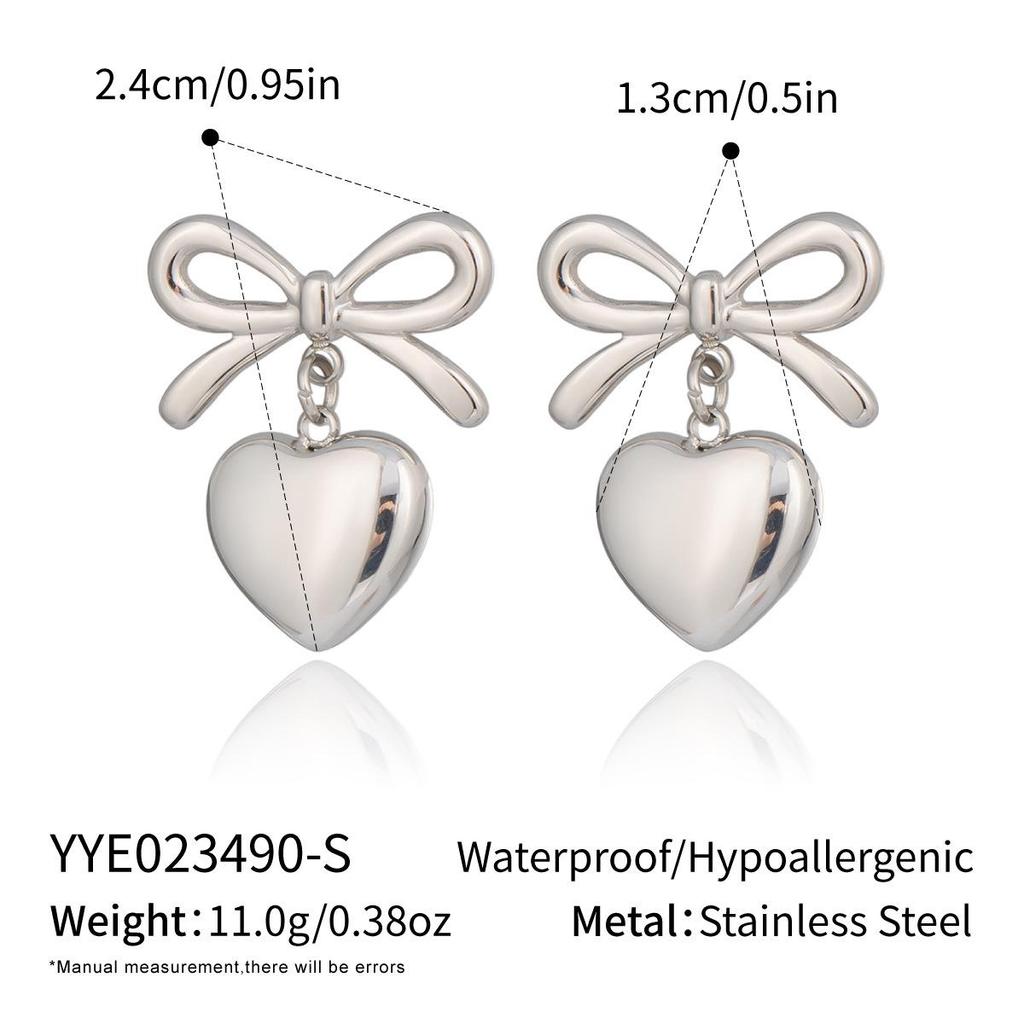 Xia Ling Valentine's Day 18K Gold-Plated Heart Pendant Bow Stud Earrings - European & American Style, High-End Titanium Steel