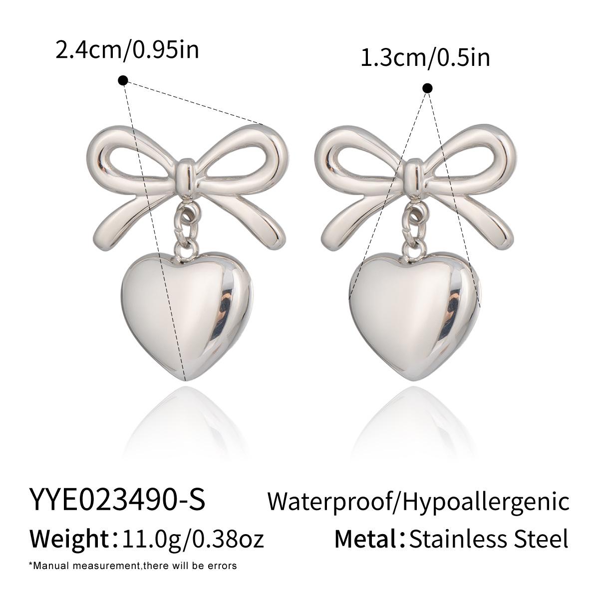 Xia Ling Valentine s Day 18K Gold-Plated Heart Pendant Bow Stud Earrings - European & American Style, High-End Titanium Steel