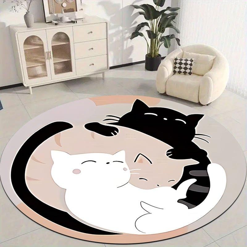 pattern of Yin-Yang cats Flannel-printed round floor mats are slip-resistant Suitable living room bedroom terrace garden carpets