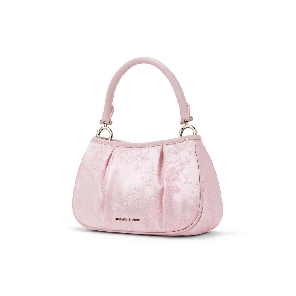 New CHARLES&KEITH Satin Fabric Zip Closure Handbag, Shoulder Bag, Crossbody Bag Trumpets Women's Black/Pink CK2-20160162-A