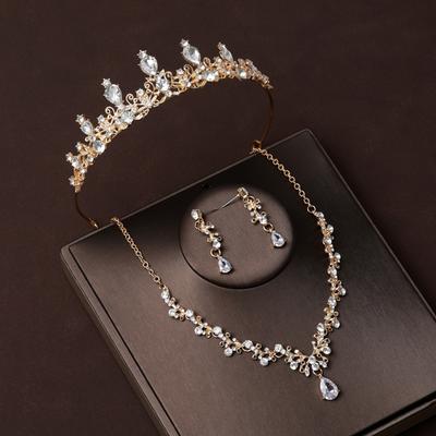 Bridal Headwear Set Gold Colour Crown Necklace Earrings Set of Four&Suitable for Women's Wedding, Birthday Party
