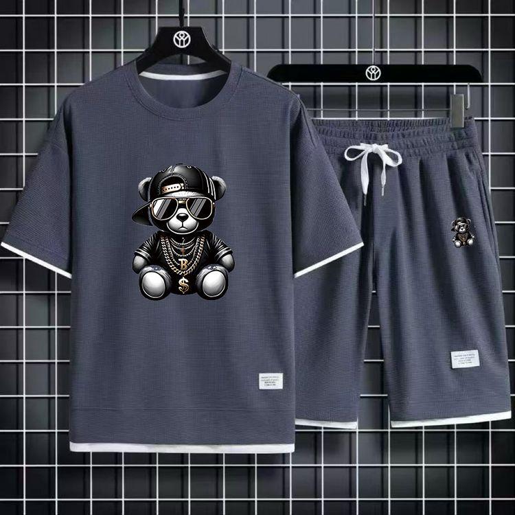 Men's Waffle Knit Two-Piece Casual Sports Set: Short Sleeve T-Shirt & Shorts