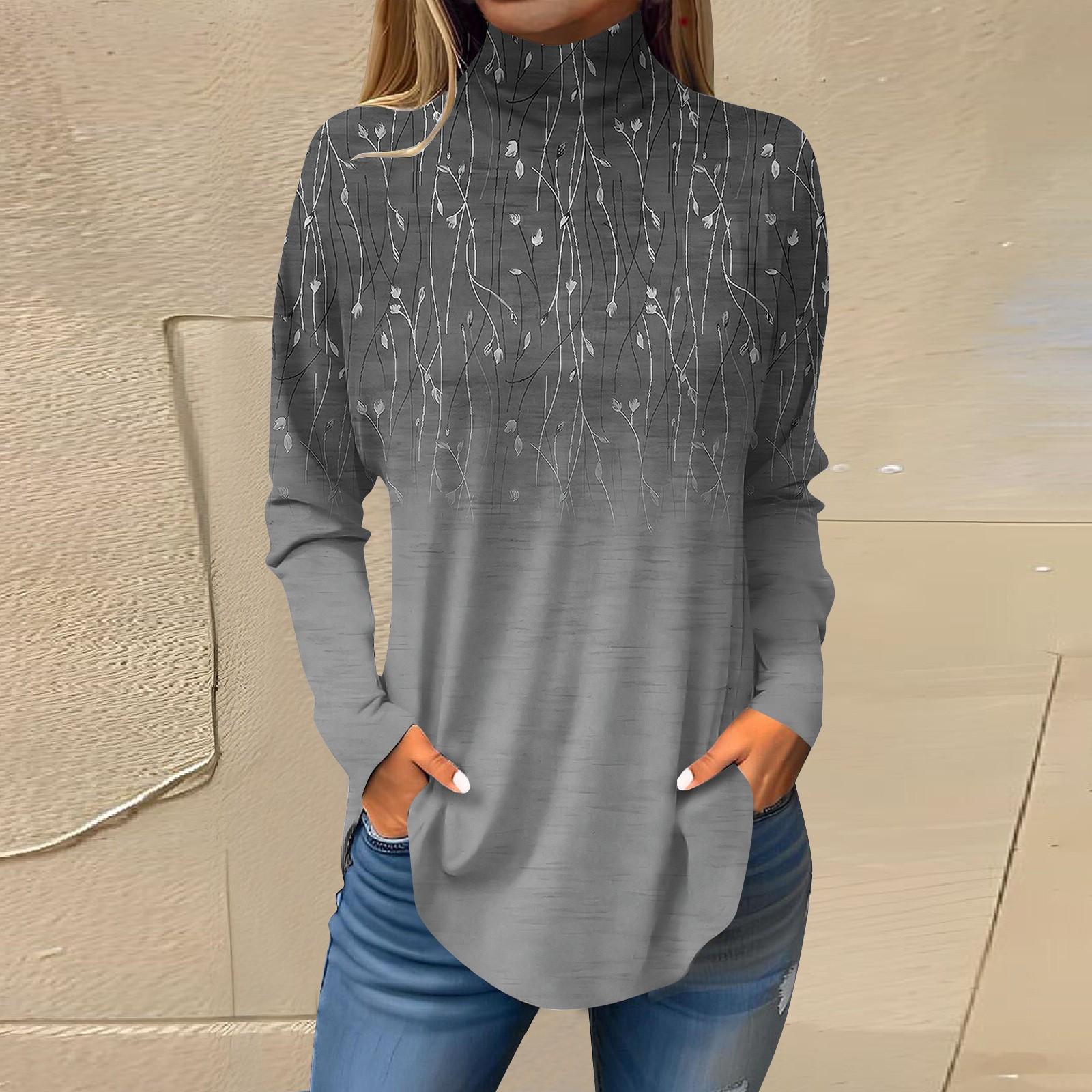 Женская модная повседневная футболка с длинным рукавом с высоким воротом и принтом — фото 8