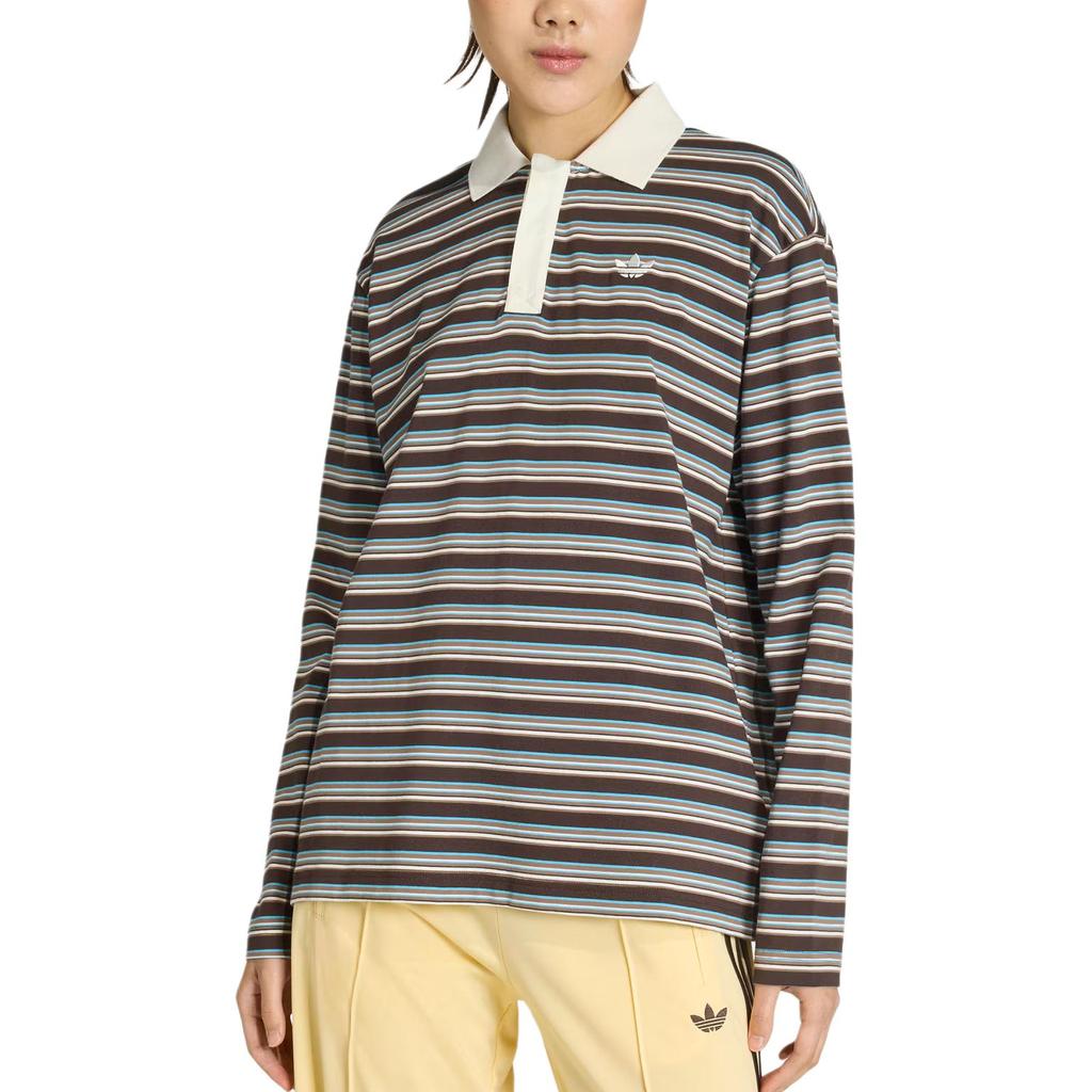 adidas Originals Women's Striped Long Sleeve Polo Shirt Brown Blue KU8352
