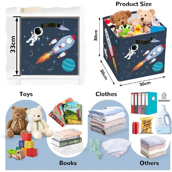 Clastyle 3 Pcs Space Kid Storage Cube Organizer Set Rocket Closet Clothes Cube Storage Bin Blue Nursery Toddler Toy Box Chest Astronaut Book Shelf