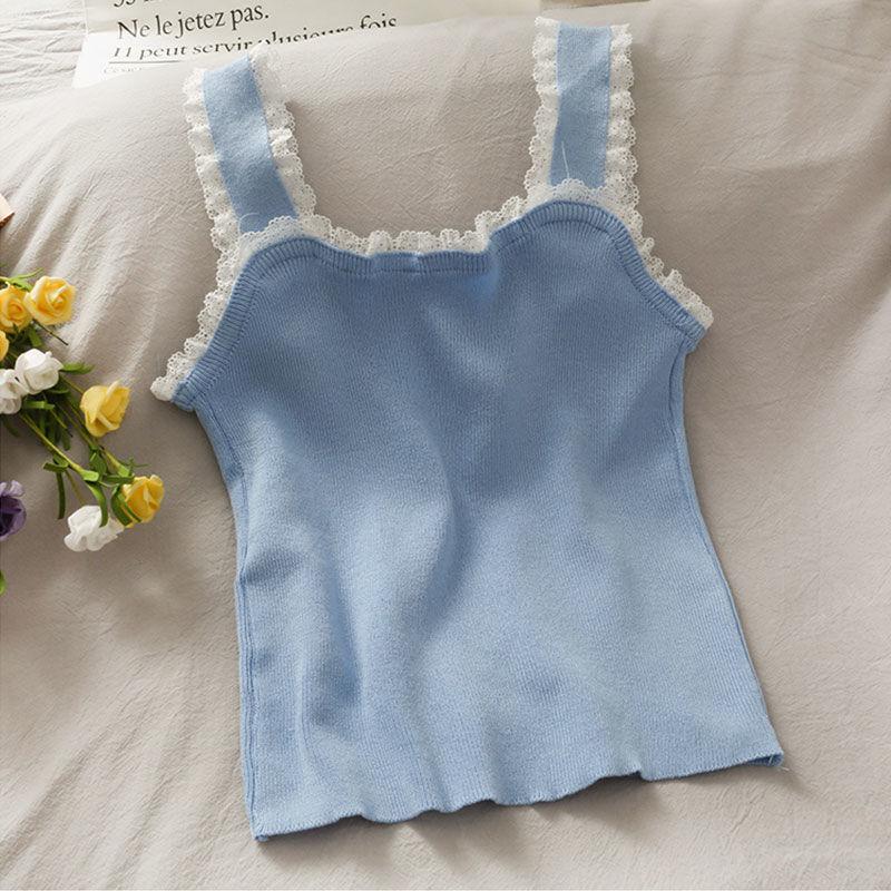 Lace Patchwork Fungus Edge Short Slim Fit Vest for Women New Candy Color Versatile Breasted Camisole for Summer