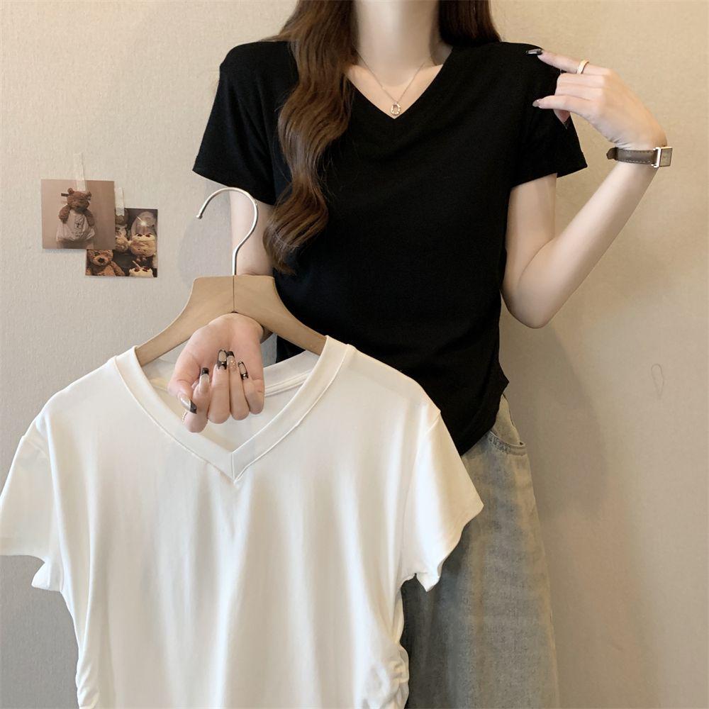Korean Style Slimming Summer V-Neck Ruched Waist Short Sleeve T-Shirt for Women