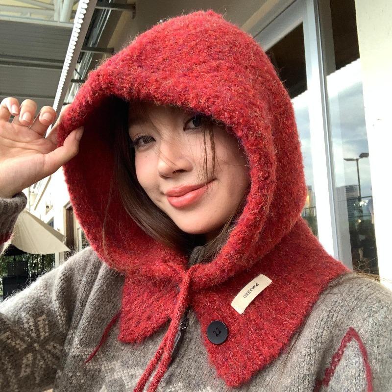 Korean Balaclava hat and scarf integrated women's autumn and winter warm ear protection hooded scarf knitted wool hat