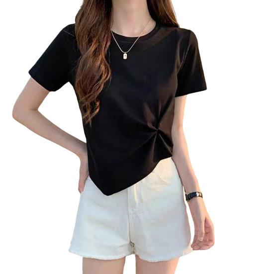 Women T-shirt Irregular Hem Solid Color Knot Decor Round Neck Short