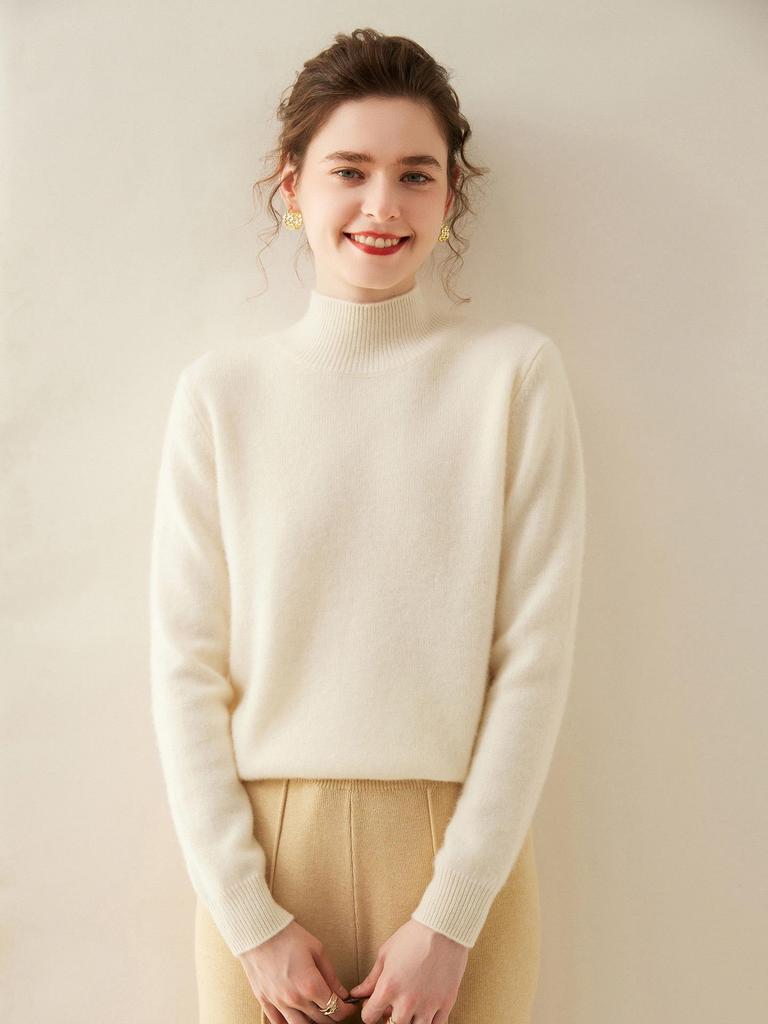 Women's Classic Cashmere Half-High Neck Knit Sweater - Thick, Warm, and Loose Fitting Base Layer Top