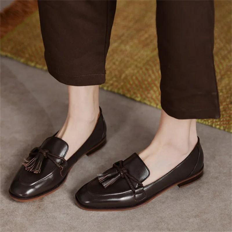 Fashion Fashion Women's Loafers Tassels SquareToe Flat Shoes Shallow Mouth Commuter Daily Casual Vintage  Leather Shoes British