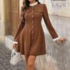 Long-sleeved Women's Autumn and Winter New Style Spliced Contrasting Lace Fake Pocket Slim Base Dress