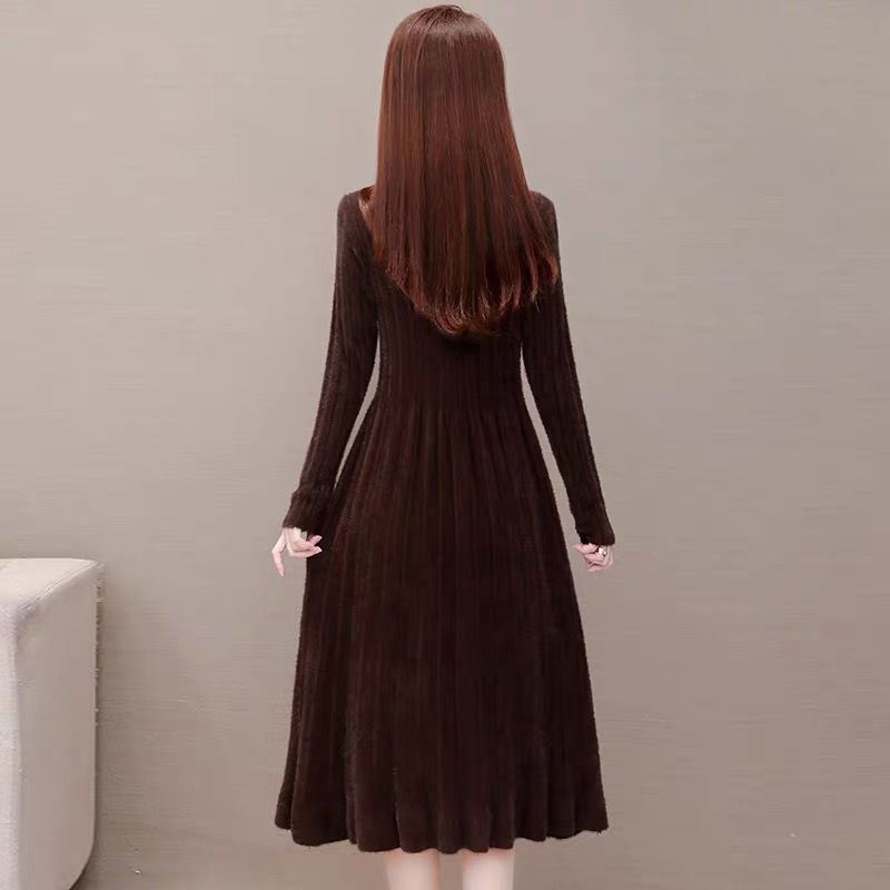 Long Knitted Dress for Women Autumn Solid-color Sweater Dress Imitating Mink Fur Cinched Waist and Trendy Solid-color Long-sleeved Knitted Sweater