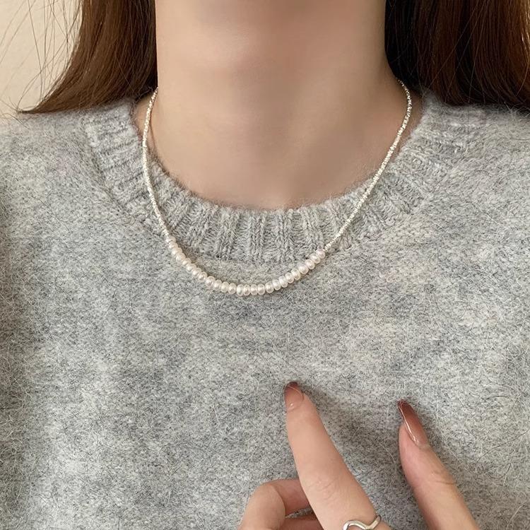 Copper Silver-Plated Small Freshwater Pearl Broken Silver Necklace Femininity Same Bracelet Necklace Set