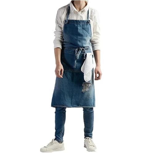 JOYAIYI Stylish Denim Apron, Cafe Apron, 100% Cotton Denim, Bib Cover, Neck Strap, Easy to Put On and Take Off, Perfect for Cooking Classes, Unisex, W