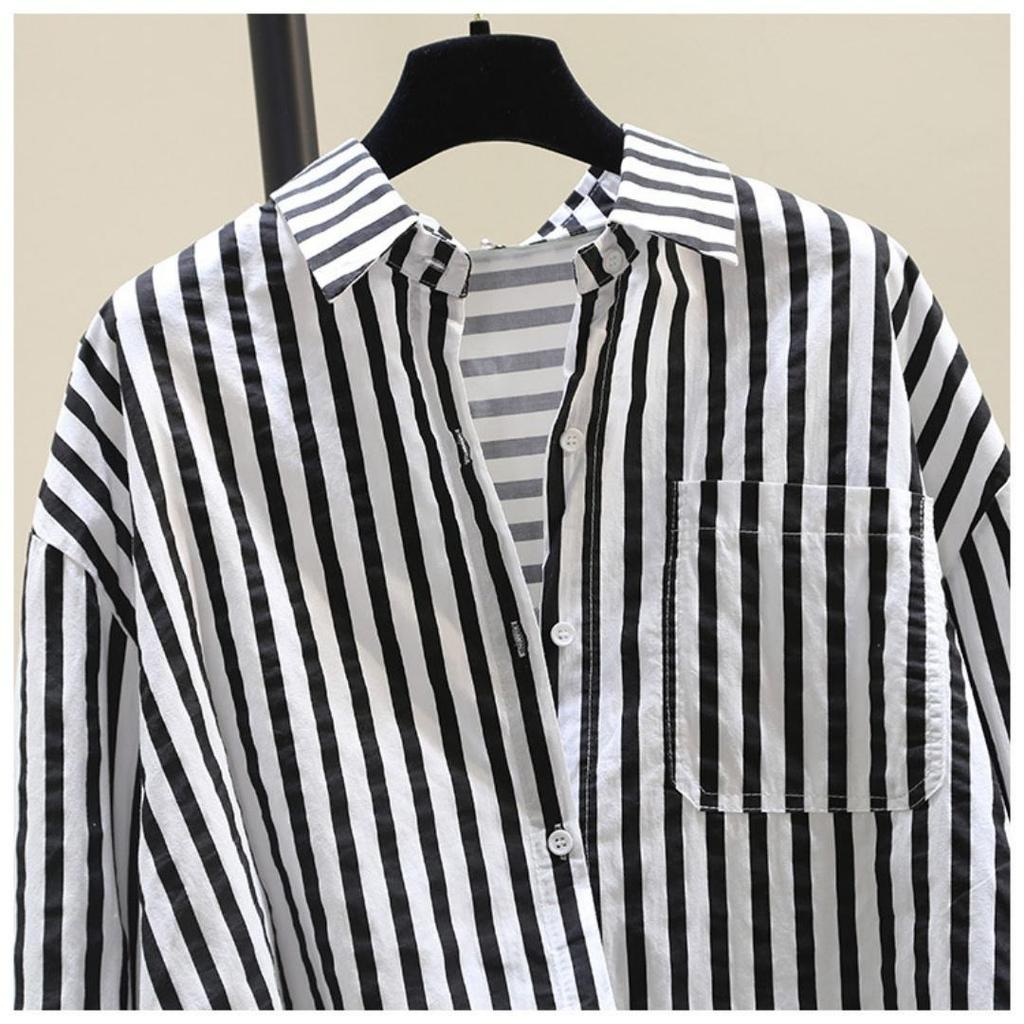 Frühling und Sommer Langarmshirt Damenmode Lässig Vertikal gestreift Locker geschnittenes Hemd Damen