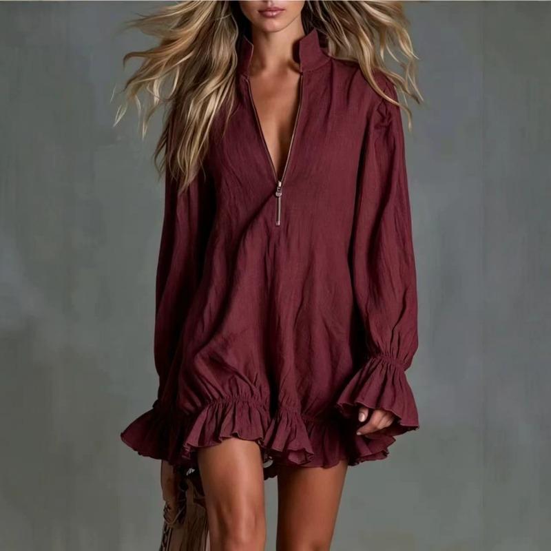 Women S Long Sleeve Bohemian Mini Dress With Ruffle Hem