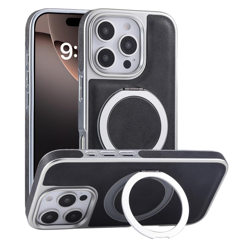 360 Metal Finger Ring Bracelet Magnetic Case For iPhone 13 14 15 16 Pro Max Retro Leather Business Kickstand Shockproof Cover