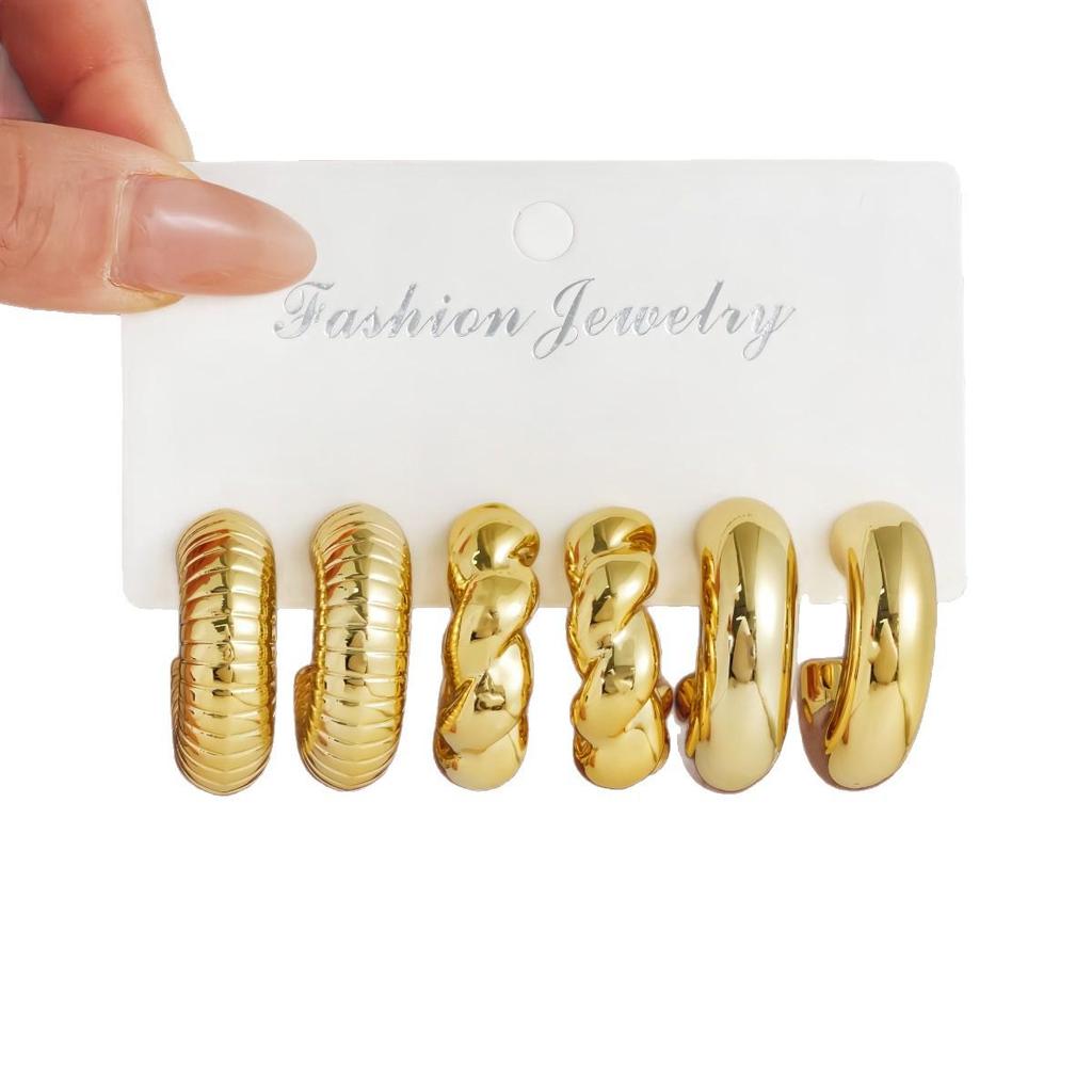 Cross-border Creative Geometric C-shaped Twist Ribbed Earring Set