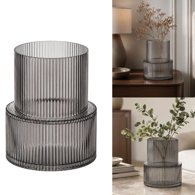Ribbed Flower Display Jar in Fluted Glass, Indoor Accent Vessel for Cut Flowers, Artificial Bunches, and Desk Placement