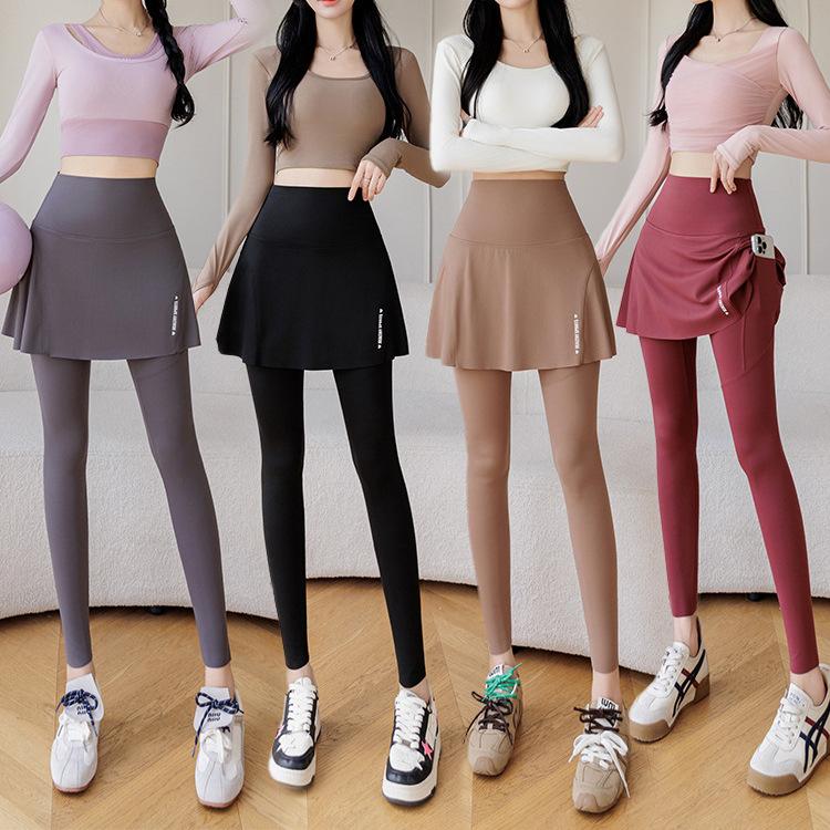 Women's High Waist Skirt Leggings Skinny Yoga Pants High Stretch Pocket Fake Two Piece Nine Points Trousers