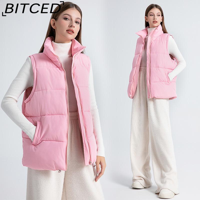 BITCED Women's Autumn/Winter Sleeveless Cotton Coat Mid-Length Stand Collar Thermal Down-Filled Cotton Vest Thickened Waistcoat Outerwear